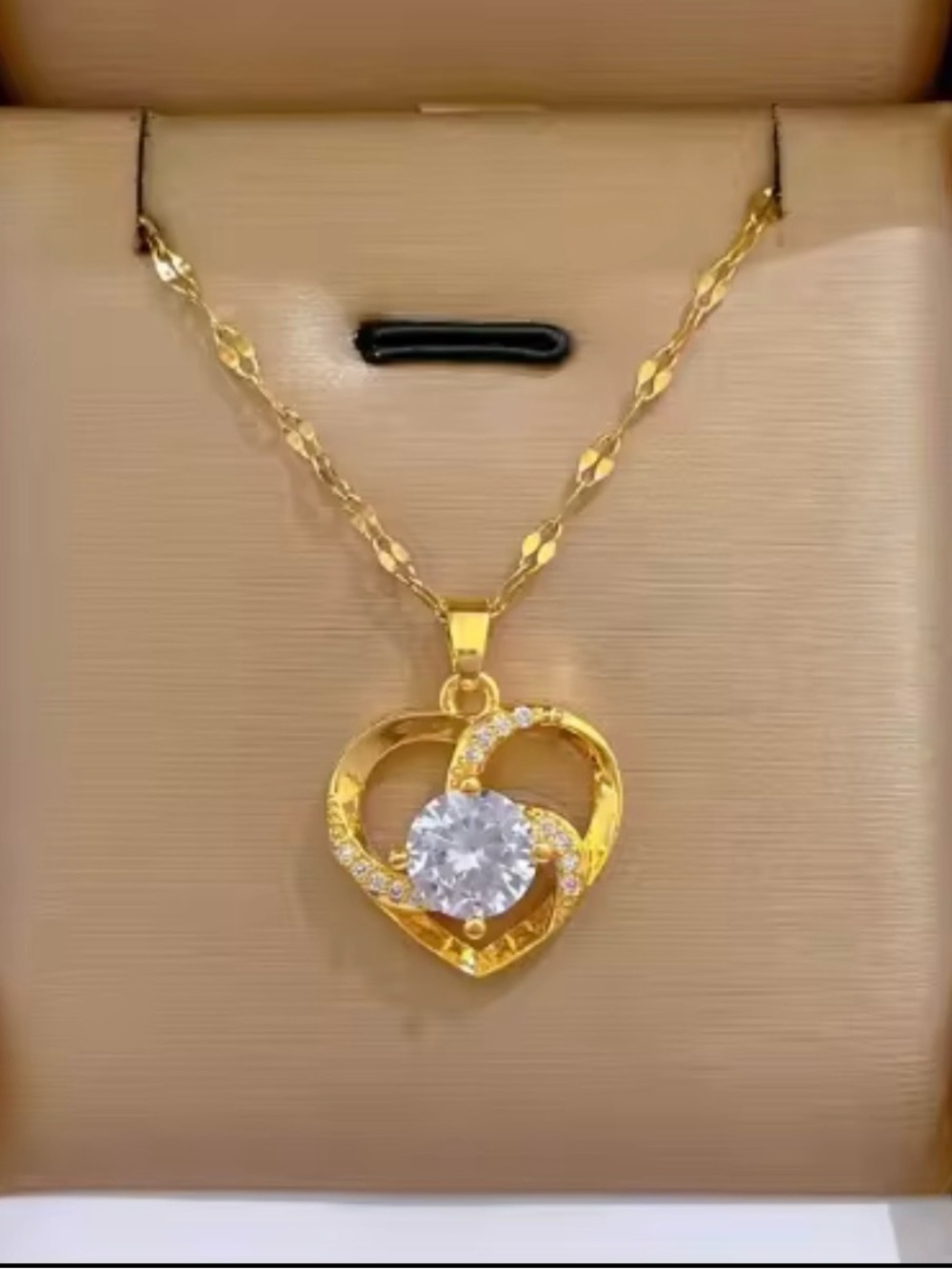 Gold Heart Pendant Necklace with Clear Center Stone